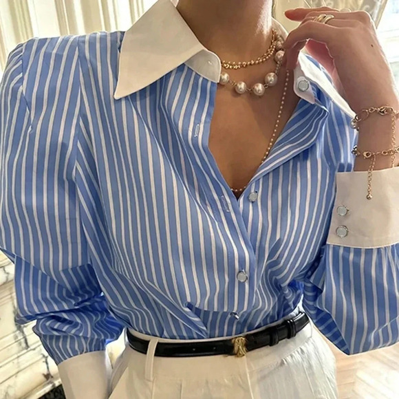 Striped Print Button Front Shirt - Picture 1 of 3